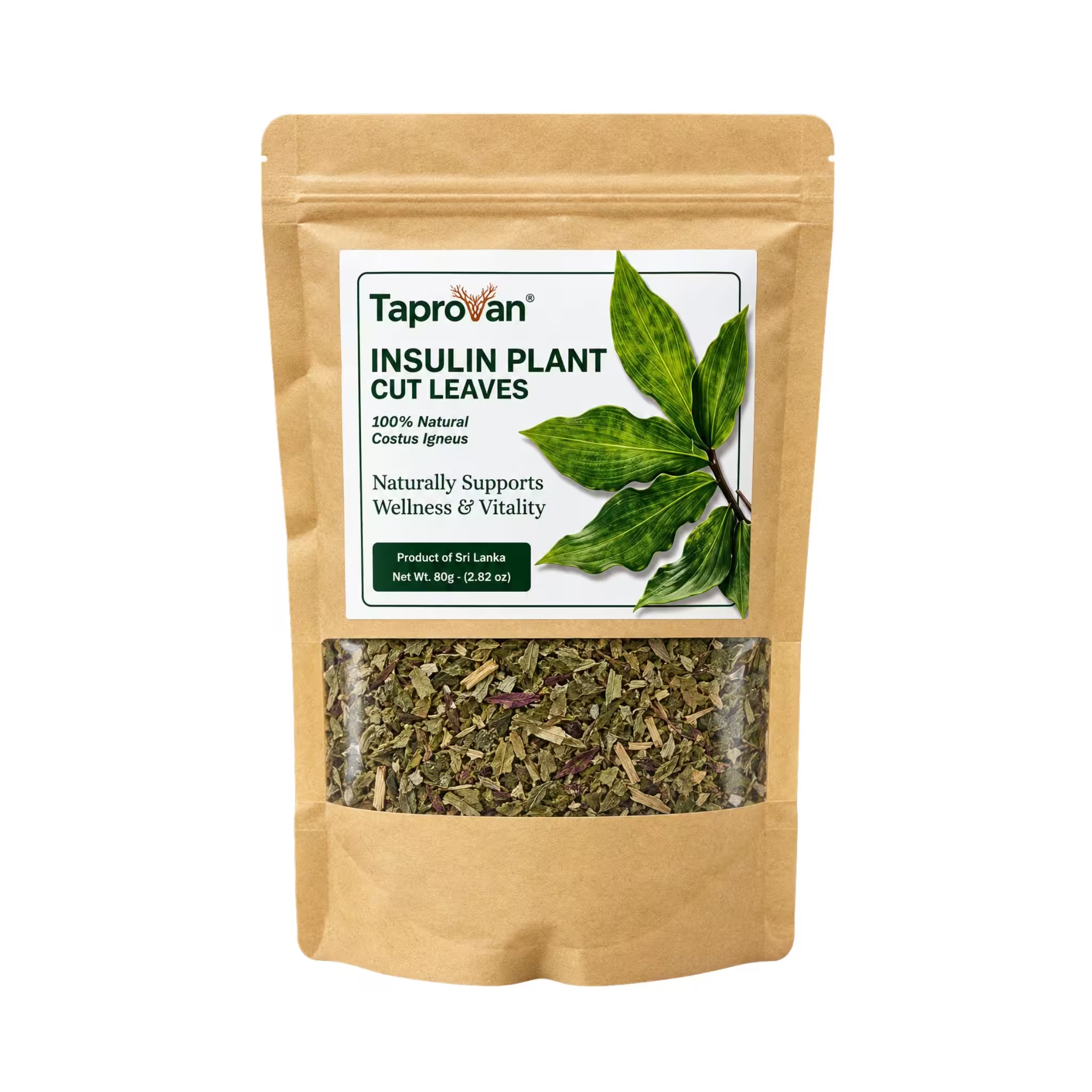 Taprovan Insulin Plant Cut Leaves 80 g kraft pouch, front, showing dried cut Costus igneus leaves through the window
