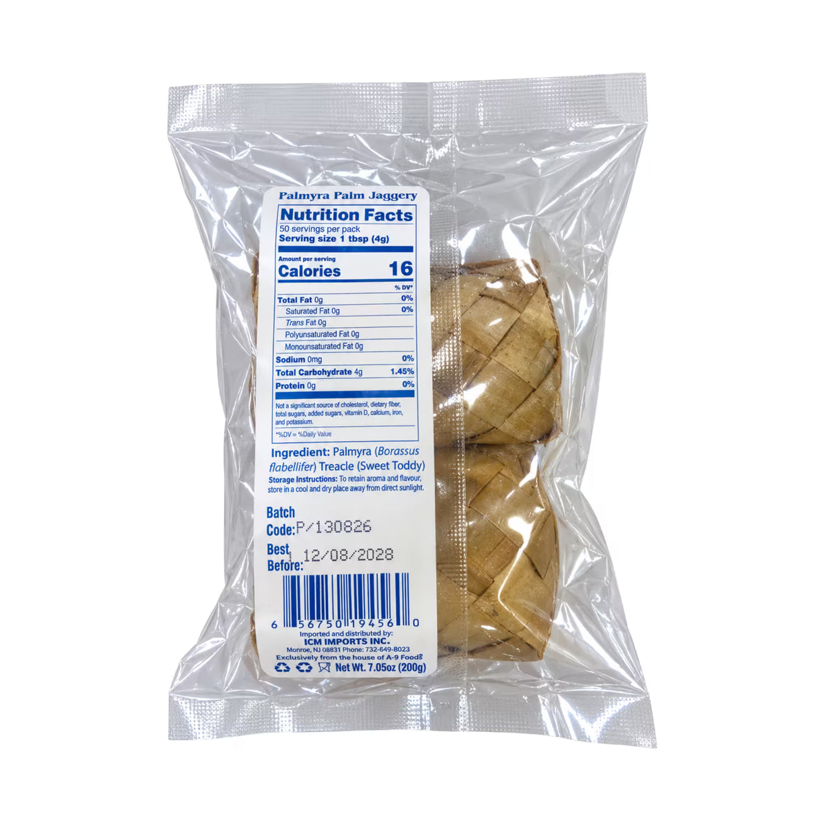 Thiru Palmyra Palm Jaggery 200g bag, back label with nutrition facts and ingredient